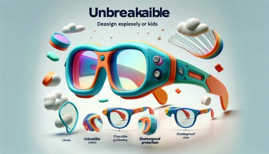 Imagine a pair of durable glasses designed specifically for kids. They exhibit unbreakable qualities, offering a high level of protection. The glasses have a playful and vibrant color scheme, made of 