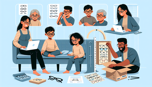 An illustrative guide on buying children's eyeglasses online. Depict several steps in this process. The first scene should show a Caucasian mother and her South Asian son sitting together and browsing